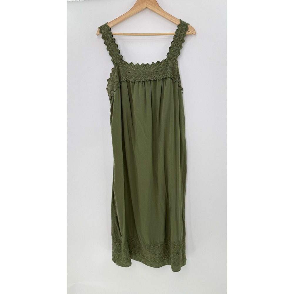 Old Navy Olive Green Crochet Lace Trim Midi Shift Dress Womens Large Pockets